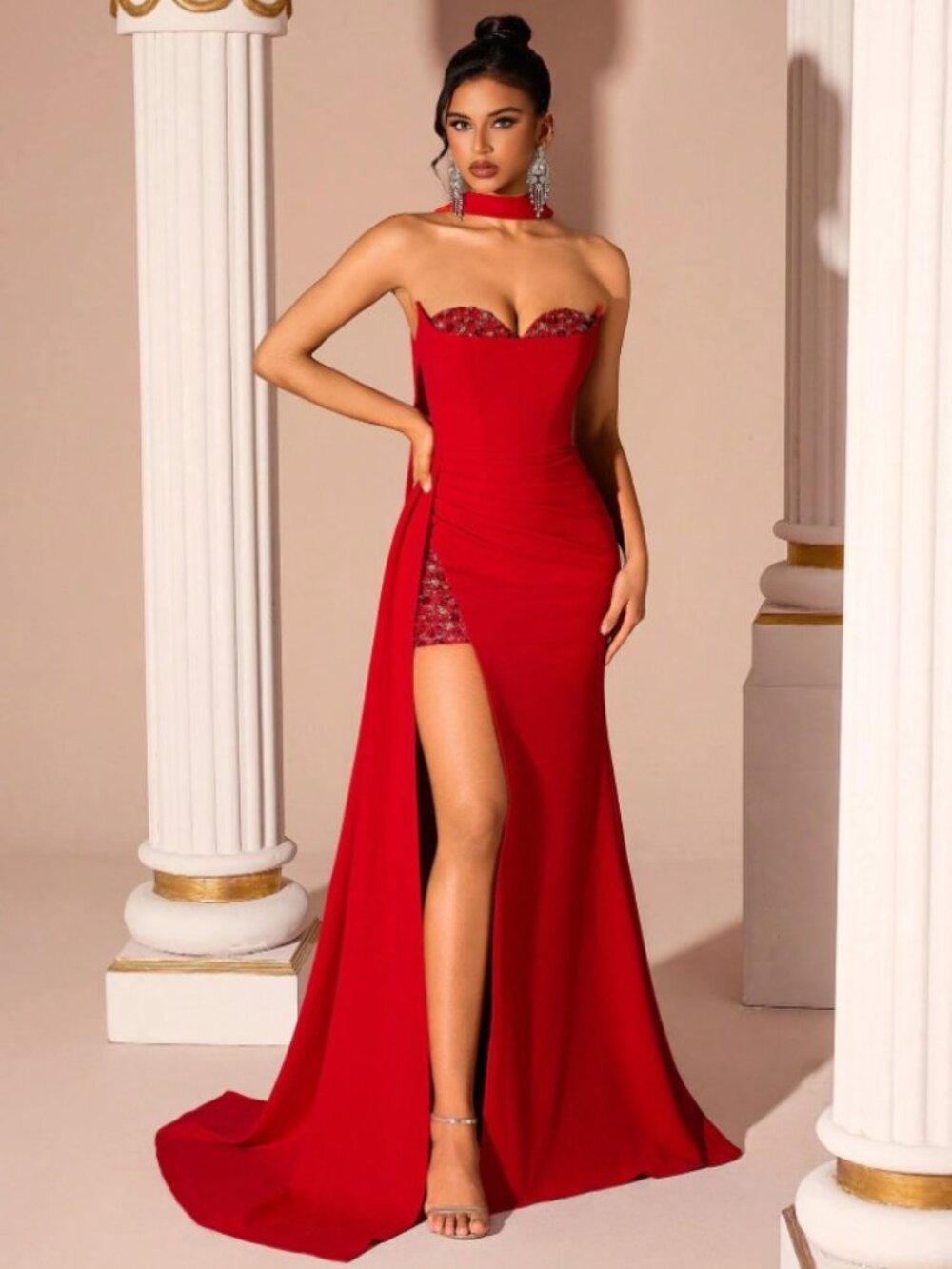 Wendy Sparkly Patchwork Dramatic Split-thigh Evening Gown